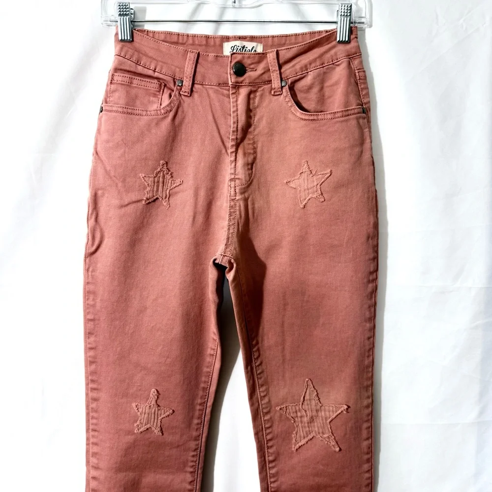 Listicle Skinny Acid Wash High Rise Jeans W/ Star Shape Fray Patches Size Small